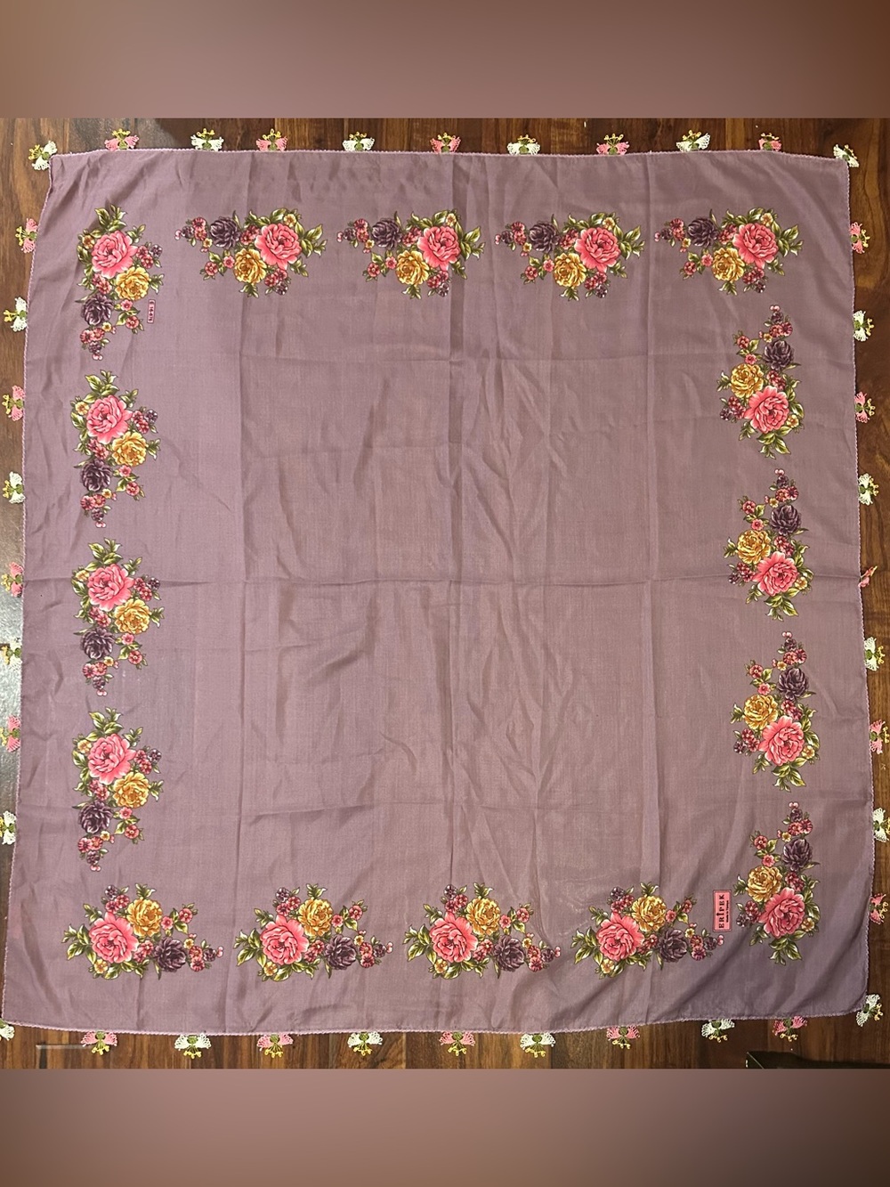 Eripek Purple Floral Print Silk Scarf with Oya Lace Edging